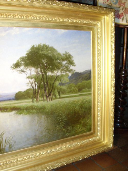 fig 3. LARGE VICTORIAN OIL PAINTING OF PASTURAL LANDSCAPE WITH RIVER VIEW BY ARTIST JULIUS HARE RA C1879
19TH CENTURY ENGLISH SCHOOL SIZE 43 X 63.5 INCHES IN ORIGINAL PLASTER GILT FRAME