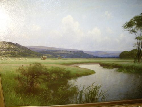 fig 2. LARGE VICTORIAN OIL PAINTING OF PASTURAL LANDSCAPE WITH RIVER VIEW BY ARTIST JULIUS HARE RA C1879
19TH CENTURY ENGLISH SCHOOL SIZE 43 X 63.5 INCHES IN ORIGINAL PLASTER GILT FRAME