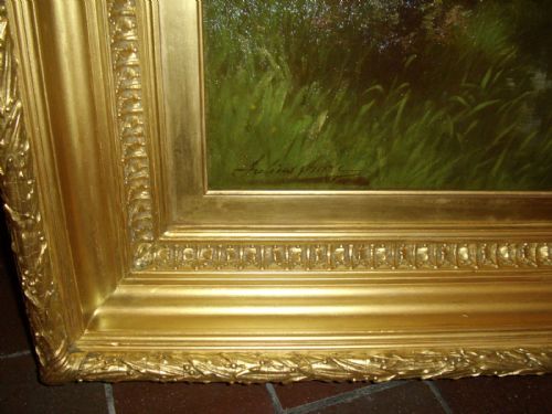 fig 4. LARGE VICTORIAN OIL PAINTING OF PASTURAL LANDSCAPE WITH RIVER VIEW BY ARTIST JULIUS HARE RA C1879
19TH CENTURY ENGLISH SCHOOL SIZE 43 X 63.5 INCHES IN ORIGINAL PLASTER GILT FRAME