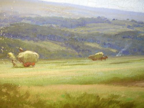 fig 1. LARGE VICTORIAN OIL PAINTING OF PASTURAL LANDSCAPE WITH RIVER VIEW BY ARTIST JULIUS HARE RA C1879
19TH CENTURY ENGLISH SCHOOL SIZE 43 X 63.5 INCHES IN ORIGINAL PLASTER GILT FRAME