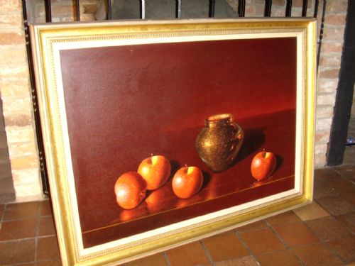 Original Luciano Guarnieri Still Life Fruit Study Titled "The Richness of Old Copper" Oil on Canvas of a Single Apple and a Group of Three Further Rosey Red Apples
