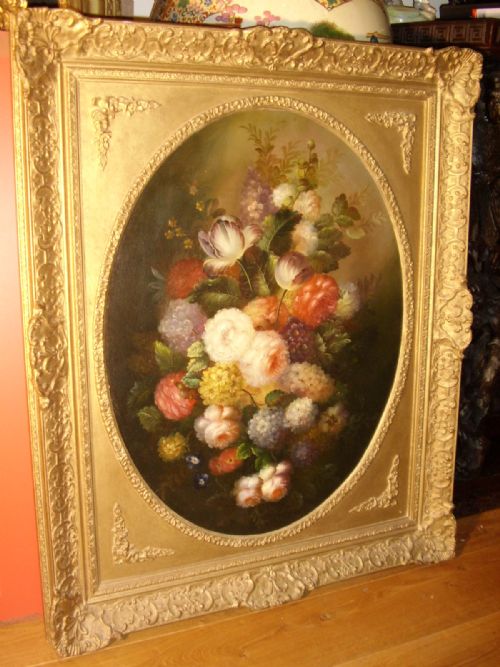 Still Life Flower Oil  Painting on Canvas  Signed D. Macnab  in a Decorative Gilt Frame 32.5 X 39.5 Inches