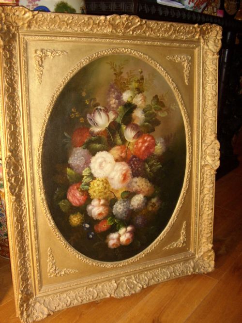 fig 1. STILL LIFE FLOWER OIL  PAINTING ON CANVAS  SIGNED D. MACNAB  IN A DECORATIVE GILT FRAME 32.5 x 39.5 INCHES