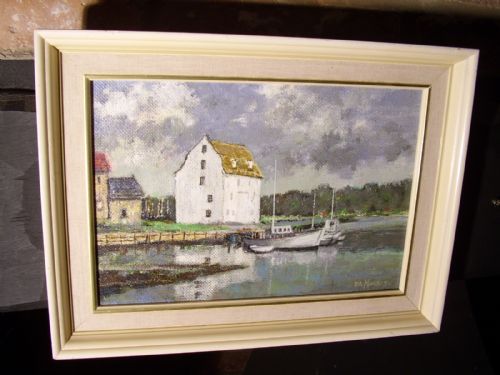 Newlyn School Style Oil Painting on Board of Boats Moored Size 15 X 11 Inches in Painted Cream Fame & Signed by Artist H.a.harris Dateline Approx.1950-60
