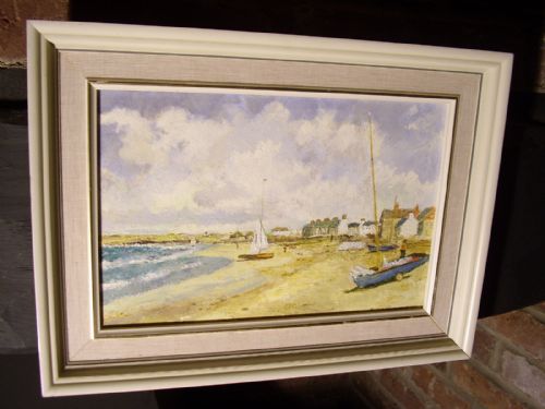 Newlyn School Oil Painting on Board of Sailing Boats on a Sandy Beach 15 X 11 Inches