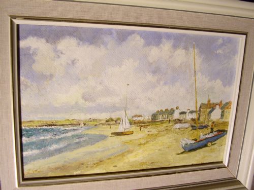 fig 1. NEWLYN SCHOOL OIL PAINTING ON BOARD OF SAILING BOATS ON A SANDY BEACH 15 X 11 INCHES