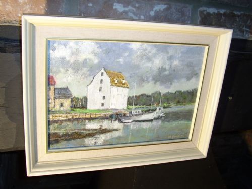 fig 1. NEWLYN SCHOOL STYLE OIL PAINTING ON BOARD OF BOATS MOORED SIZE 15 X 11 INCHES IN PAINTED CREAM FAME & SIGNED BY ARTIST H.A.HARRIS DATELINE APPROX.1950-60 