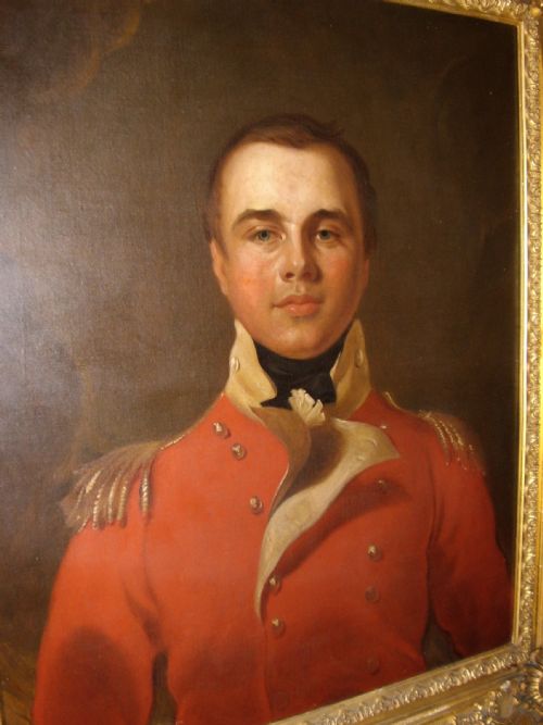 fig 2. OIL PORTRAIT PAINTING MANNER OF SIR THOMAS LAWRENCE OF A BRITISH ARMY OFFICER IN HIS RED COAT TUNIC UNIFORM DATING (1795-1802) LATE 18TH-EARLY 19TH CENTURY ENGLISH SCHOOL IN A MAGNIFICENT DECORATIVE GILT-WOOD FRAME 35 X 40 INCHES
