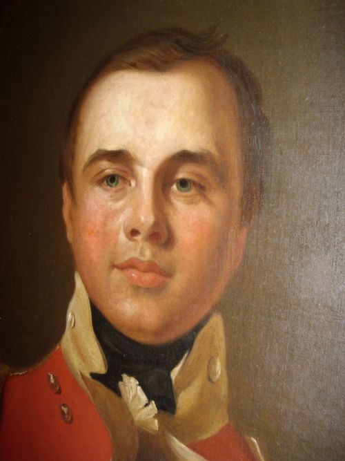 fig 6. OIL PORTRAIT PAINTING MANNER OF SIR THOMAS LAWRENCE OF A BRITISH ARMY OFFICER IN HIS RED COAT TUNIC UNIFORM DATING (1795-1802) LATE 18TH-EARLY 19TH CENTURY ENGLISH SCHOOL IN A MAGNIFICENT DECORATIVE GILT-WOOD FRAME 35 X 40 INCHES