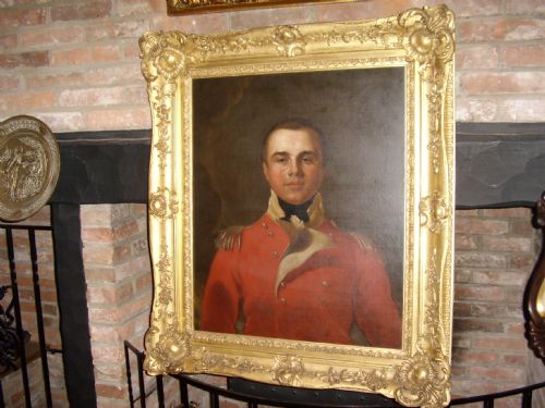 fig 11. OIL PORTRAIT PAINTING MANNER OF SIR THOMAS LAWRENCE OF A BRITISH ARMY OFFICER IN HIS RED COAT TUNIC UNIFORM DATING (1795-1802) LATE 18TH-EARLY 19TH CENTURY ENGLISH SCHOOL IN A MAGNIFICENT DECORATIVE GILT-WOOD FRAME 35 X 40 INCHES