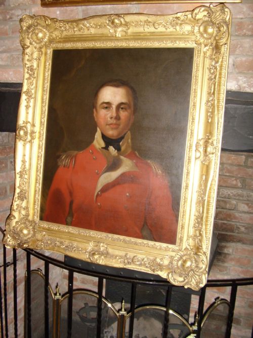 fig 12. OIL PORTRAIT PAINTING MANNER OF SIR THOMAS LAWRENCE OF A BRITISH ARMY OFFICER IN HIS RED COAT TUNIC UNIFORM DATING (1795-1802) LATE 18TH-EARLY 19TH CENTURY ENGLISH SCHOOL IN A MAGNIFICENT DECORATIVE GILT-WOOD FRAME 35 X 40 INCHES