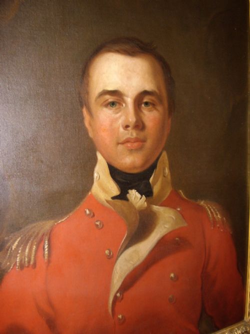 fig 3. OIL PORTRAIT PAINTING MANNER OF SIR THOMAS LAWRENCE OF A BRITISH ARMY OFFICER IN HIS RED COAT TUNIC UNIFORM DATING (1795-1802) LATE 18TH-EARLY 19TH CENTURY ENGLISH SCHOOL IN A MAGNIFICENT DECORATIVE GILT-WOOD FRAME 35 X 40 INCHES