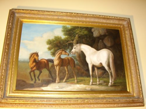 fig 1. OIL ON CANVAS OF WILD HORSES PAINTED IN STYLE OF STUBBS & PRESENTED IN STUNNING DECORATIVE PLASTER & GILT FRAME 46 X 34 INS