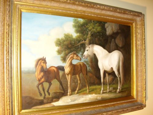 fig 2. OIL ON CANVAS OF WILD HORSES PAINTED IN STYLE OF STUBBS & PRESENTED IN STUNNING DECORATIVE PLASTER & GILT FRAME 46 X 34 INS