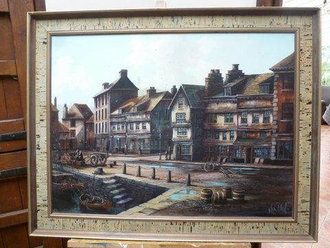 fig 1. LARGE OIL PAINTING 19TH MANNER PADSTOW QUAYSIDE CORNWALL BY ARTIST KEVIN PLATT 