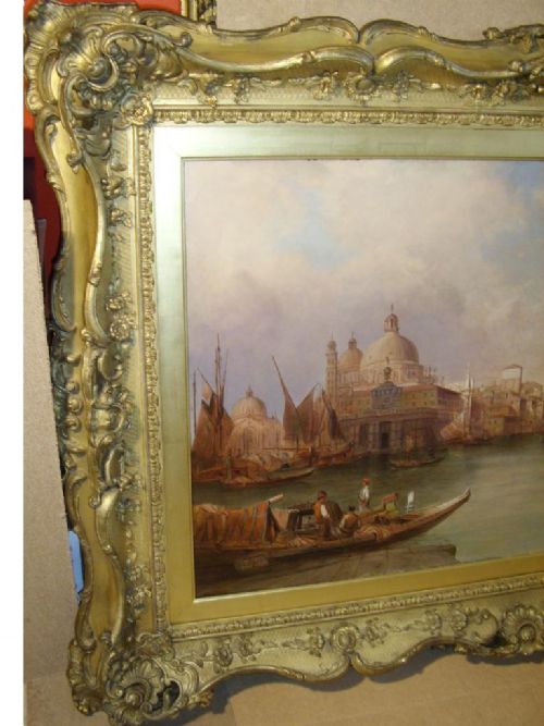 fig 6. ( SOLD ) ALFRED POLLENTINE VENICE OIL PAINTING 48 X 68 INS VIEW OF THE GRAND CANAL IN STUNNING DECORATIVE FRAME