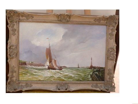 Fine Oil Painting of Sailing Vessel Heading Toward the Harbour Entrance in Rough Choppy Seas & Presented in Decorative Swept Frame 29 X 26 Inches(one of a Pair Offered Separately)