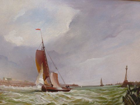 fig 1. FINE OIL PAINTING OF SAILING VESSEL HEADING TOWARD THE HARBOUR ENTRANCE IN ROUGH CHOPPY SEAS & PRESENTED IN DECORATIVE SWEPT FRAME 29 X 26 INCHES(ONE OF A PAIR OFFERED SEPARATELY)