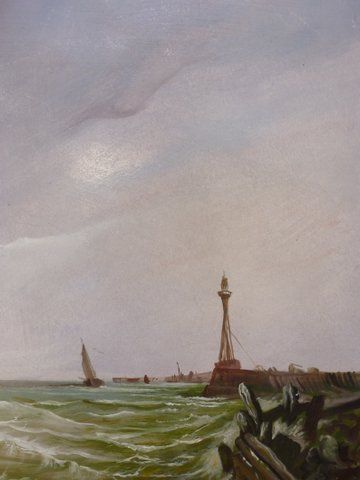 fig 2. FINE OIL PAINTING OF SAILING VESSEL HEADING TOWARD THE HARBOUR ENTRANCE IN ROUGH CHOPPY SEAS & PRESENTED IN DECORATIVE SWEPT FRAME 29 X 26 INCHES(ONE OF A PAIR OFFERED SEPARATELY)