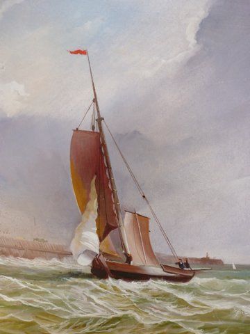 fig 3. FINE OIL PAINTING OF SAILING VESSEL HEADING TOWARD THE HARBOUR ENTRANCE IN ROUGH CHOPPY SEAS & PRESENTED IN DECORATIVE SWEPT FRAME 29 X 26 INCHES(ONE OF A PAIR OFFERED SEPARATELY)