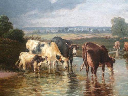 19thc Landscape Oil Painting of Cattle Watering by River 43 X 28 Inches