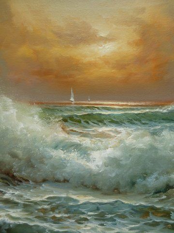 fig 1. Huge Cornish Seascape Oil Painting of Waves Crashing Shoreline