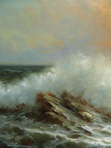 fig 2. Huge Cornish Seascape Oil Painting of Waves Crashing Shoreline