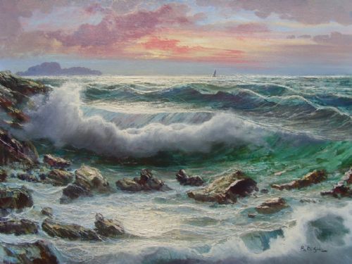 HUGE SEASCAPE OIL PAINTING OF CHOPPY WHITE WATER WAVES HITTING SHORELINE ROCKS - ADDITIONAL PHOTO 1