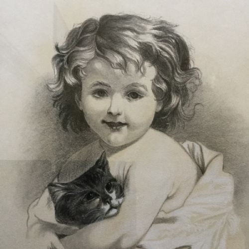 Pastel & Gouache Portrait Drawing of Young Girl & Kitten C1900