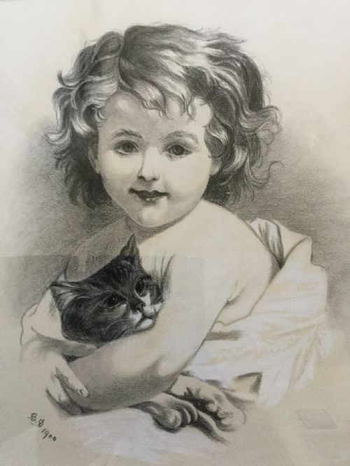 fig 1. PASTEL & GOUACHE PORTRAIT DRAWING OF YOUNG GIRL & KITTEN C1900
