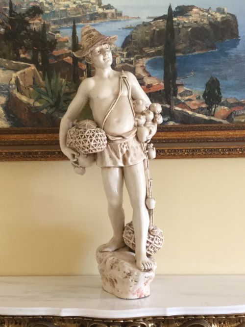 19thc Bretby Staffordshire Fisherman Boy Statue Figurine with Nets & Baskets