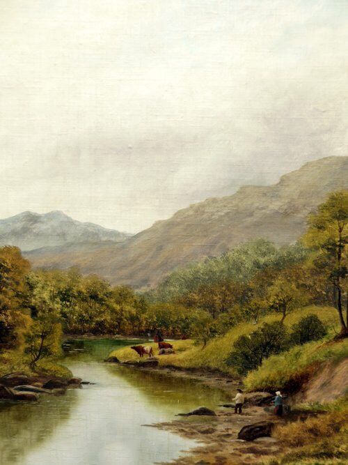 fig 2. 19thc River Landscape Oil Painting with Cattle Watering