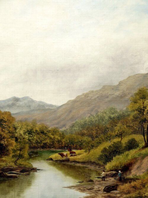fig 1. 19thc River Landscape Oil Painting with Cattle Watering