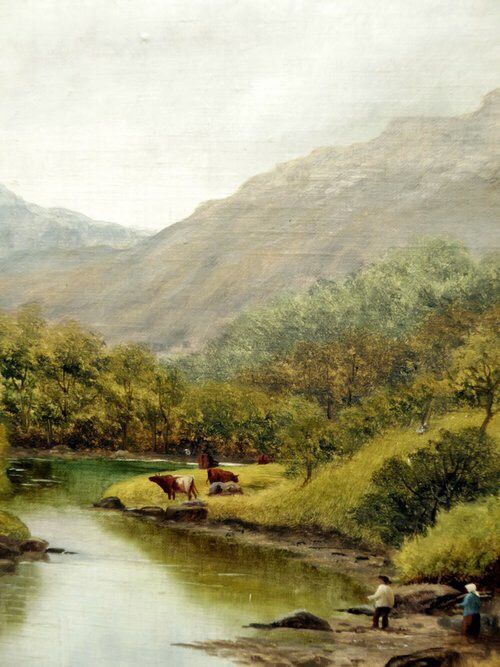 19thc River Landscape Oil Painting with Cattle Watering