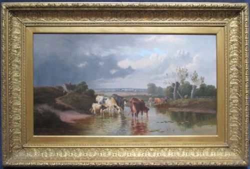 fig 1. 19thc Landscape Oil Painting of Cattle Watering By River 43 x 28 Inches