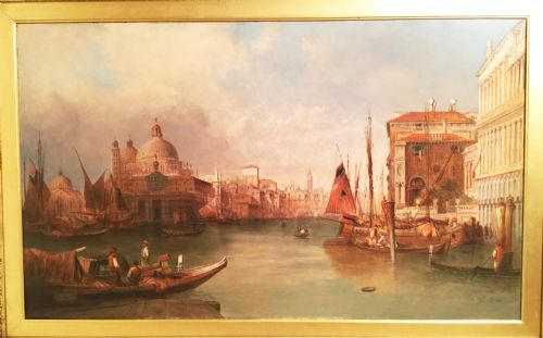fig 1. ( SOLD ) ALFRED POLLENTINE VENICE OIL PAINTING 48 X 68 INS VIEW OF THE GRAND CANAL IN STUNNING DECORATIVE FRAME