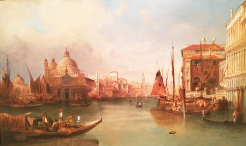 fig 2. ( SOLD ) ALFRED POLLENTINE VENICE OIL PAINTING 48 X 68 INS VIEW OF THE GRAND CANAL IN STUNNING DECORATIVE FRAME