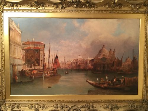 fig 3. ( SOLD ) ALFRED POLLENTINE VENICE OIL PAINTING 48 X 68 INS VIEW OF THE GRAND CANAL IN STUNNING DECORATIVE FRAME