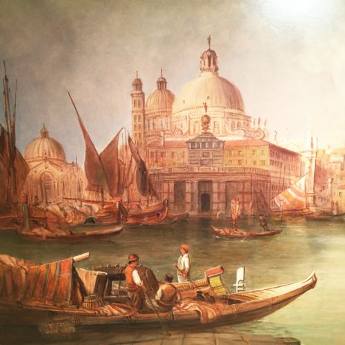 fig 7. ( SOLD ) ALFRED POLLENTINE VENICE OIL PAINTING 48 X 68 INS VIEW OF THE GRAND CANAL IN STUNNING DECORATIVE FRAME