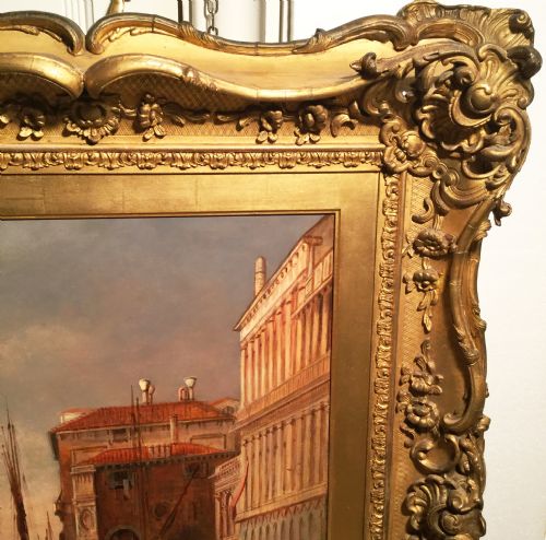 fig 8. ( SOLD ) ALFRED POLLENTINE VENICE OIL PAINTING 48 X 68 INS VIEW OF THE GRAND CANAL IN STUNNING DECORATIVE FRAME