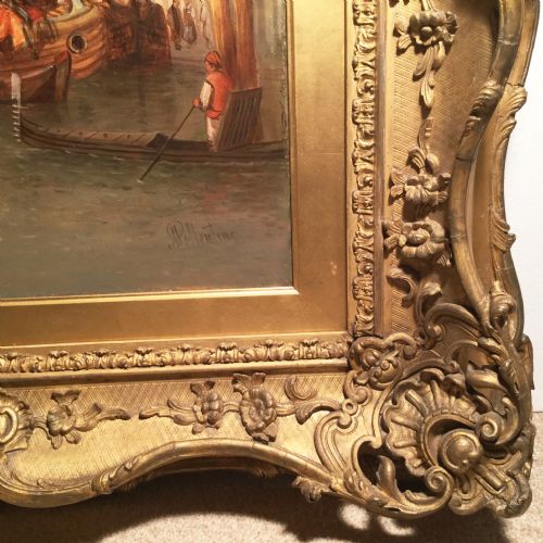 fig 9. ( SOLD ) ALFRED POLLENTINE VENICE OIL PAINTING 48 X 68 INS VIEW OF THE GRAND CANAL IN STUNNING DECORATIVE FRAME