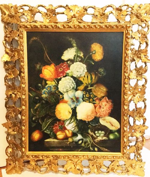 Still Life Flower Print Embellished in Oils Set Within Florentine Carved Frame
1899 to 1930 European