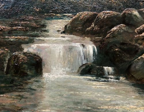 19TH LANDSCAPE OIL PAINTING WATERFALL PORTRAIT OF RIVER STREAM AND BOULDERS - ADDITIONAL PHOTO 7