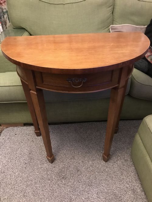 DEMI LUNE SIDE TABLE EDWARDIAN LIGHT MAHOGANY FRENCH POLISHED SPADE FEET AND DRAWER