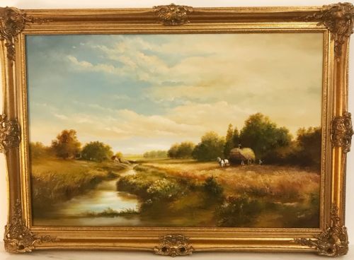RIVER LANDSCAPE PAINTING EAST BERGHOLT SUFFOLK HARVESTING HAY COUNTRYSIDE OIL PORTRAITS