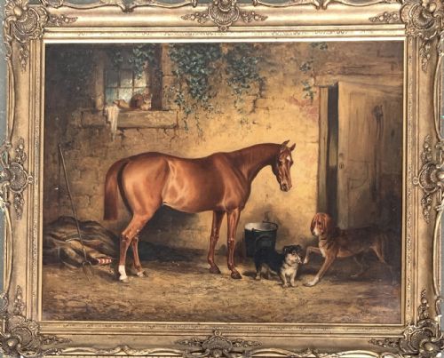 HENRY BARRAUD CHESTNUT BAY HUNTER BY STABLE 19TH EQUINE OIL PAINTINGS HORSE DOG PORTRAITS - ADDITIONAL PHOTO 8