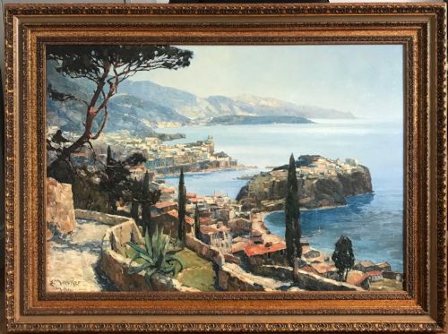 MONACO BY ERICH MERCKER 18911973 HUGE OIL EMBELLISHED TEXTURED PAINTED PRINT ON BOARD - ADDITIONAL PHOTO 1
