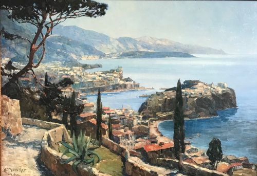 MONACO BY ERICH MERCKER 18911973 HUGE OIL EMBELLISHED TEXTURED PAINTED PRINT ON BOARD - ADDITIONAL PHOTO 3
