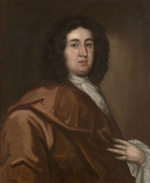 fig 4. An antique oil painting depicting a 17th-century gentleman wearing a dark periwig, white cravat, and draped brown cloak, set within a carved gold gilt frame.