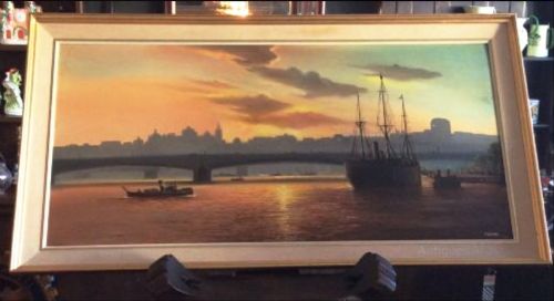 London Thames Waterloo Bridge Panoramic Marine Seascape Oil Painting